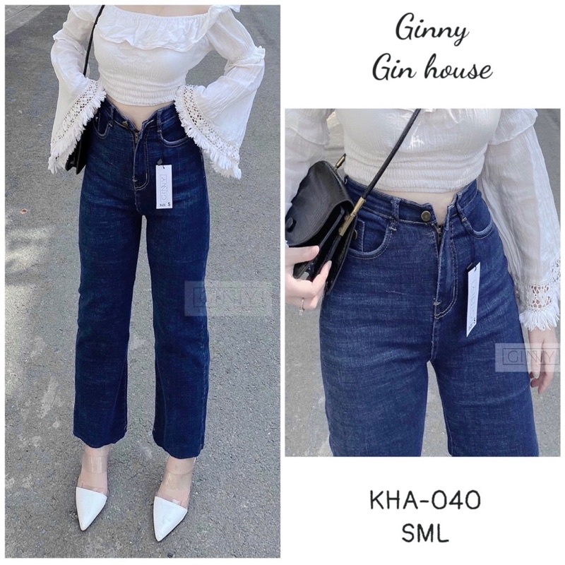 quần jean dài suông ống rộng Quần jeans dãn dáng xuông ống đứng màu xanh