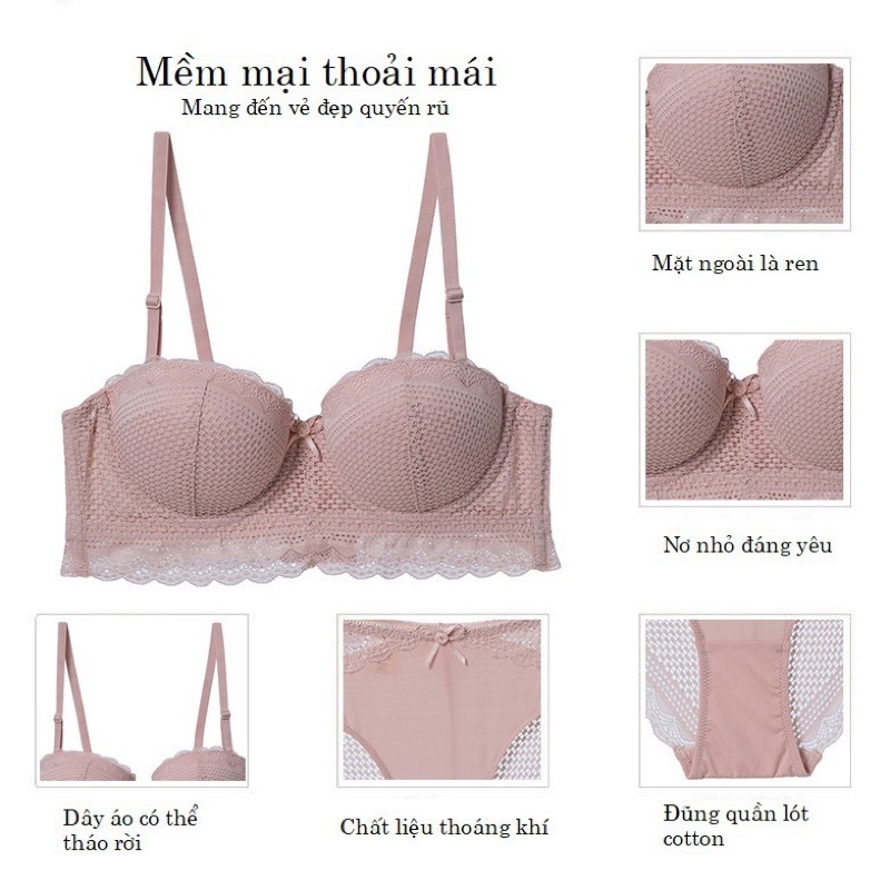 Bộ Đồ Lót Cúp Ngang Ren Siêu Mềm Nâng Ngực Đệm Dày 3cm Có Thể Tháo Dây Thành Quây-Kho Sỉ Mai Xuân