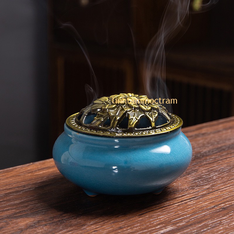 Lư xông trầm hương đỉnh đốt nhang gốm sứ tặng lót đáy + 10 nụ trầm