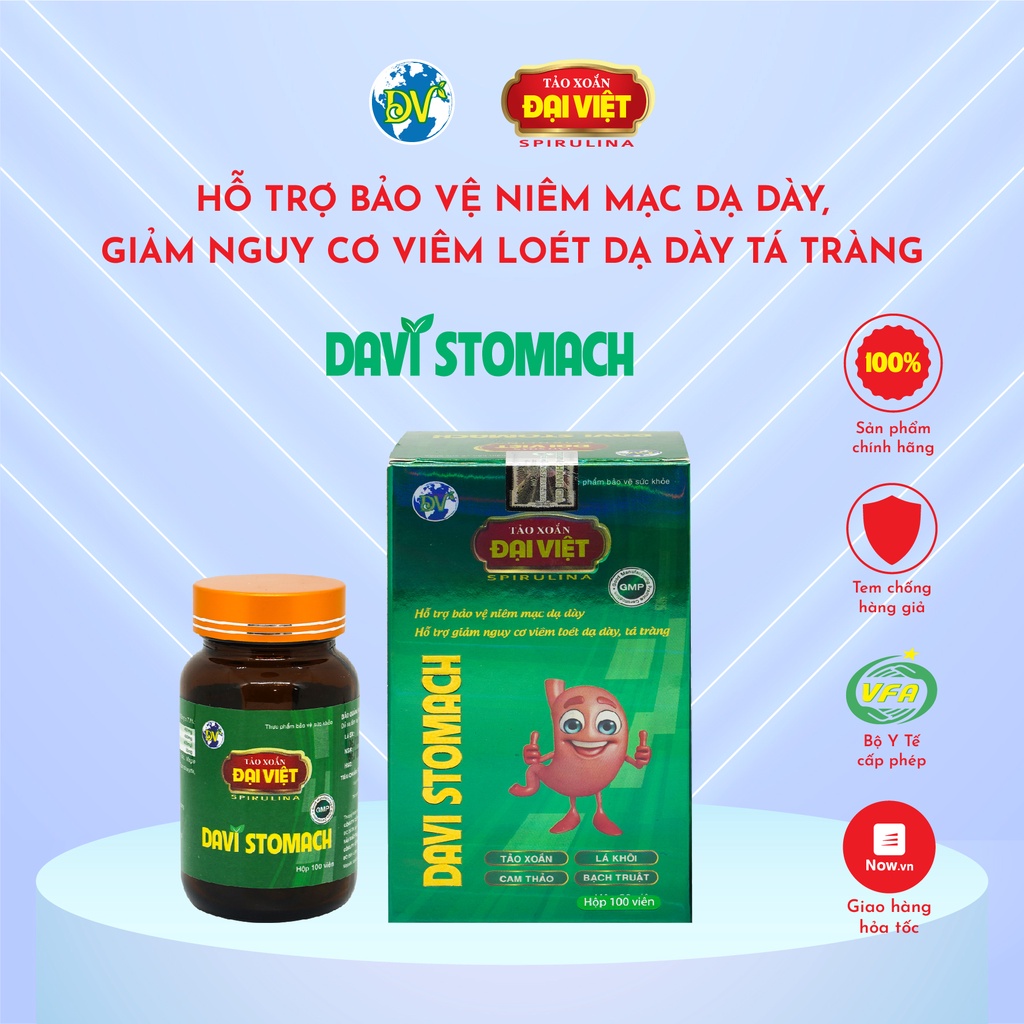 Viên uống Spirulina hỗ trợ giảm nguy cơ viêm loét dạ dày, tá tràng TPBVSK Davi Stomach 100v Tảo xoắn Đại Việt