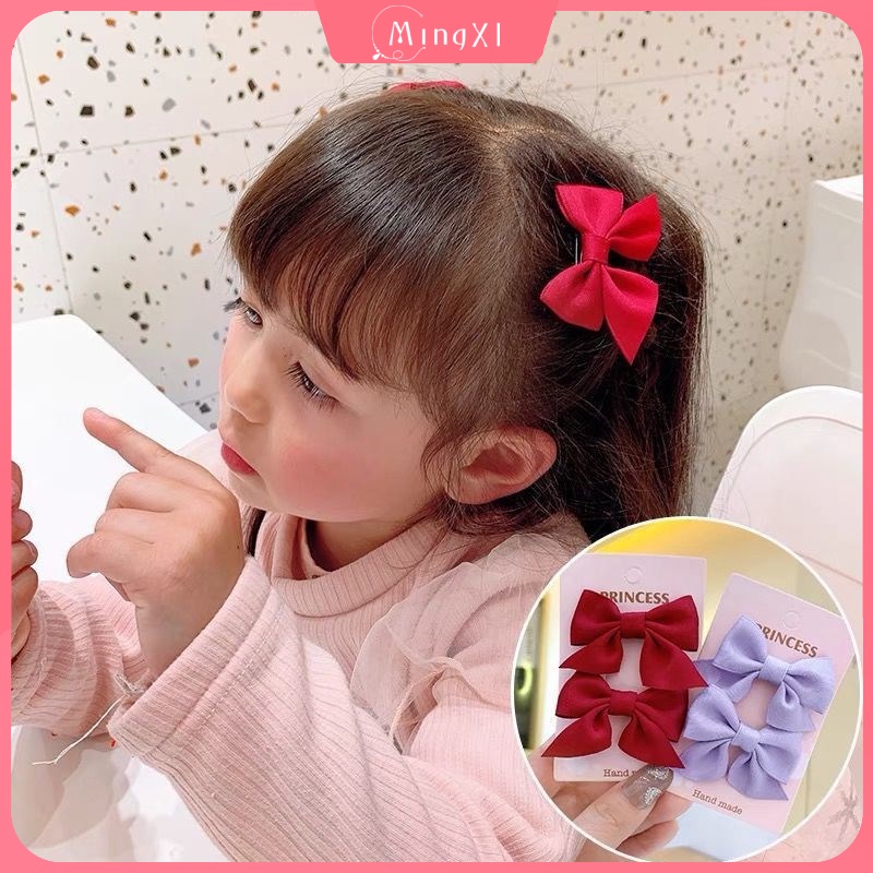 Set 2 Kẹp Tóc Nơ Màu Trơn Dễ Thương Cho Bé Gái