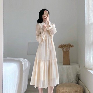 Váy thu đông dáng dài cổ nơ ulzzang