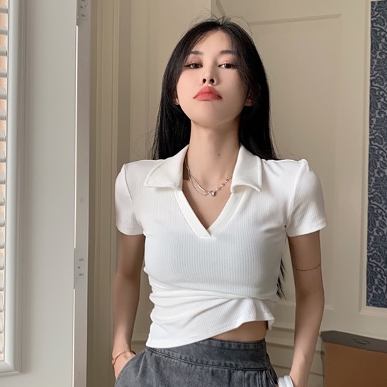 QKOOLE Áo polo  tay ngắn dáng ôm phong cách Hàn Quốc cổ điển thời trang cho nữ