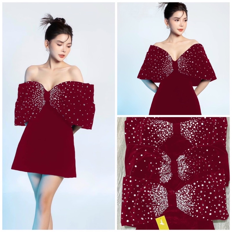 Đầm dáng A TRIPBLE T DRESS chất nhung kết đá pha lê bẹt vai- size S/M/L -MS232Y
