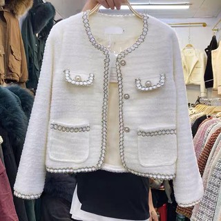 Áo khoác dạ tweed trắng ngà đính cúc ngọc sang chảnh CE80A4