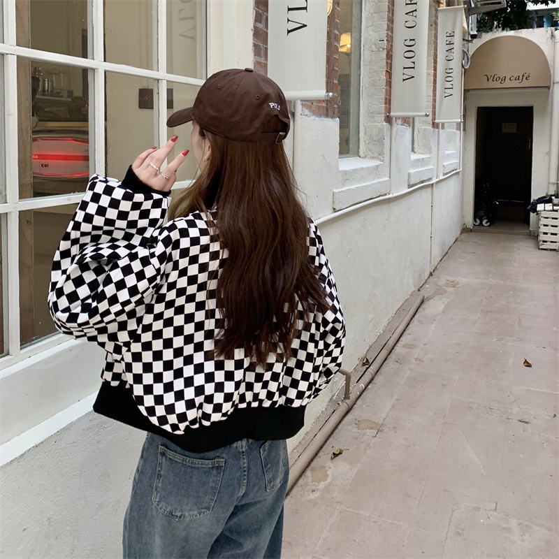 Áo khoác bóng chày sọc ca rô thời trang Retro cá tính cho nữ