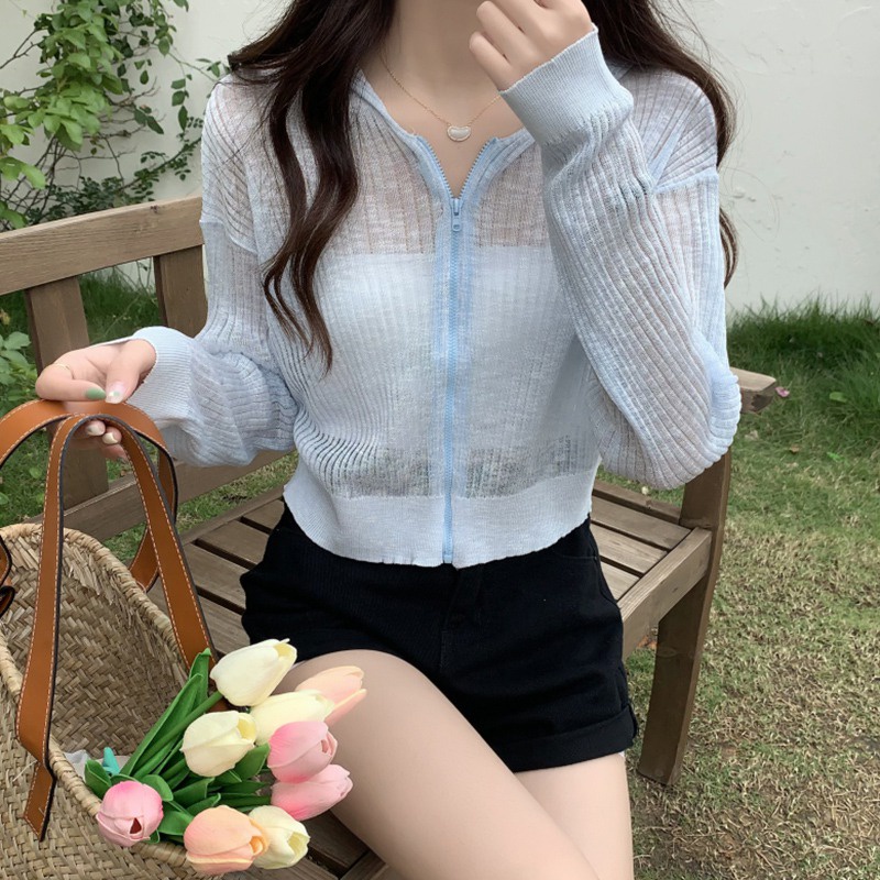 Áo Khoác Cardigan Dệt Kim Tay Dài Vải Lụa Mát Xuyên Thấu Thời Trang Cho Nữ