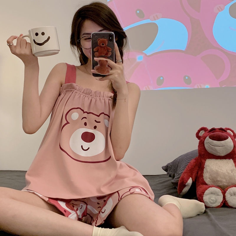 Bộ Đồ Ngủ Hai Dây Bằng Vải Cotton Mỏng In Hình Gấu Dâu Tây Thời Trang Mùa Hè Hàng Mới Dành Cho Bạn Nữ Mặc Ở Nhà