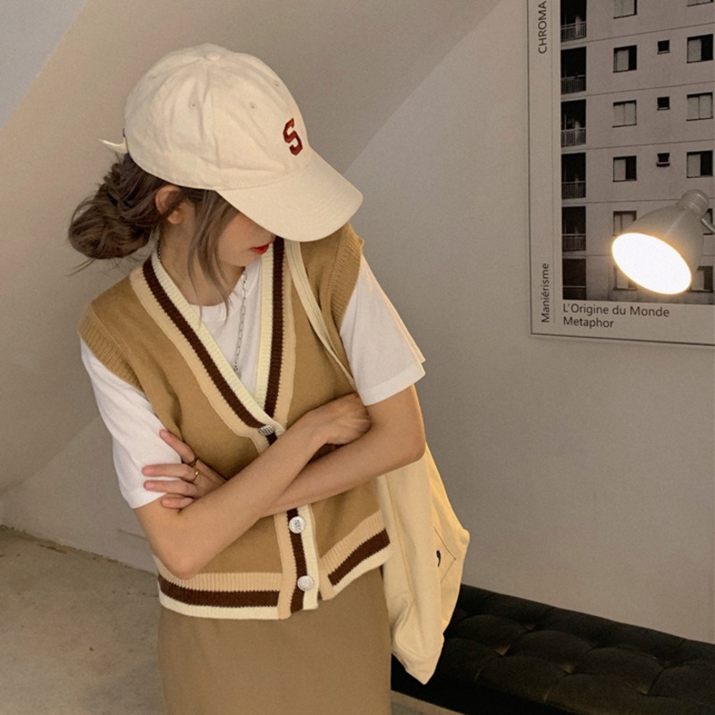 Áo khoác cardigan dệt kim không tay màu sắc tương phản thời trang mùa thu phong cách cho nữ