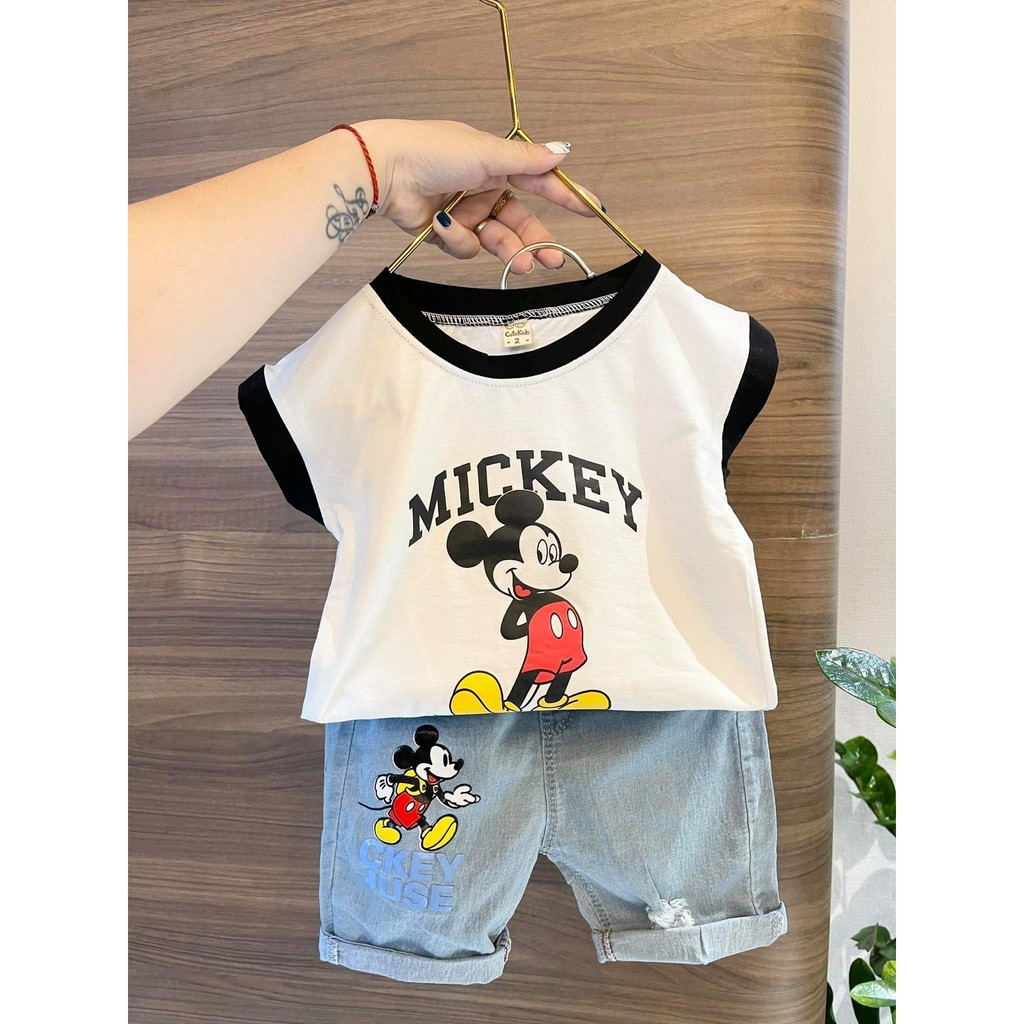 SET ÁO THUN BÉ TRAI, ÁO PHÔNG, THUN COTTON TRẺ EM BA LỖ MICKEY VÀ QUẦN JEAN SIZE TỪ 1 - 4 TUỔI 2021 S1181