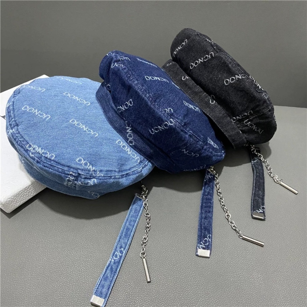 [Mã FAMARAL1 giảm 10K đơn 50K](Hot Tik Tok)Mũ nồi denim dây xích có thể tháo rời phong cách hàn quốc