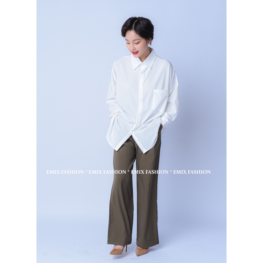 Áo sơ mi nữ EMIX (màu trắng), basic, dáng dài, form rộng, dài tay, cổ V, chất trượt mềm không nhăn A235