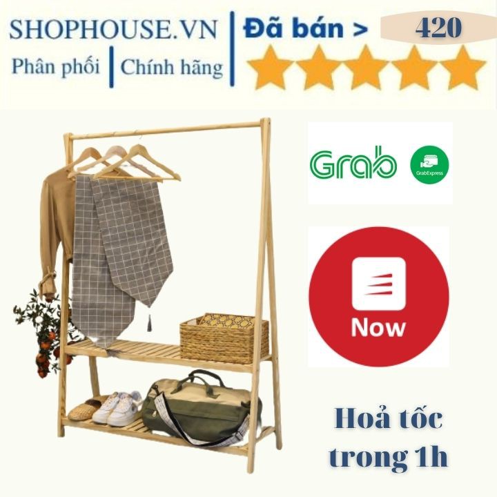 Kệ treo quần áo chữ A 2 tầng gỗ thông Giá treo quần áo Hàn Quốc màu gỗ sáng bóng-(C*D*R = 150*84*36)