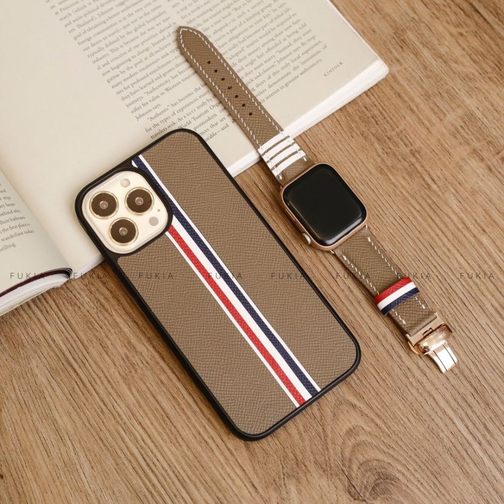 Dây da thủ công Epsom Thom Browne Nâu tây dành cho Apple Watch đồng hồ thông minh Series 1/2/3/4/5/6/7/SE DDTC178