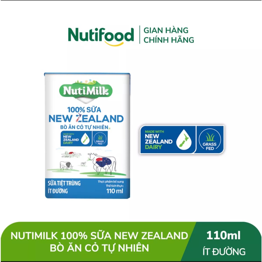 [HSD T7-2022] [MẪU MỚI] Thùng 100% sữa New Zealand bò ăn cỏ tự nhiên ít đường (48 hộp x 110ml)