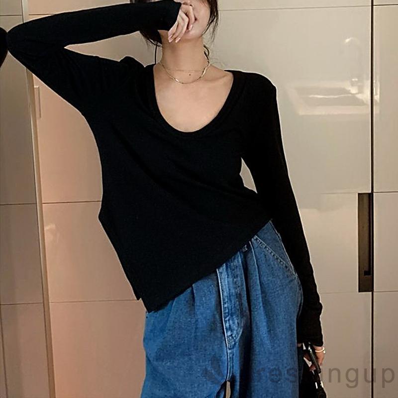 Áo tay dài cổ tròn màu sắc đơn giản thời trang mùa hè cho nữ