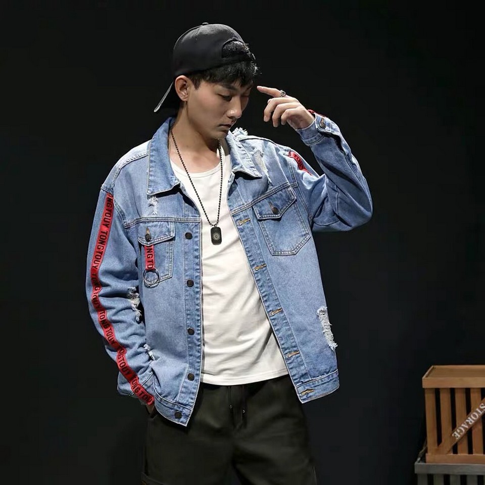 Áo khoác Jean nam sọc tay áo đỏ AKJ021 cao cấp dành cho chàng trai cá tính lớn rất đẹp và sang