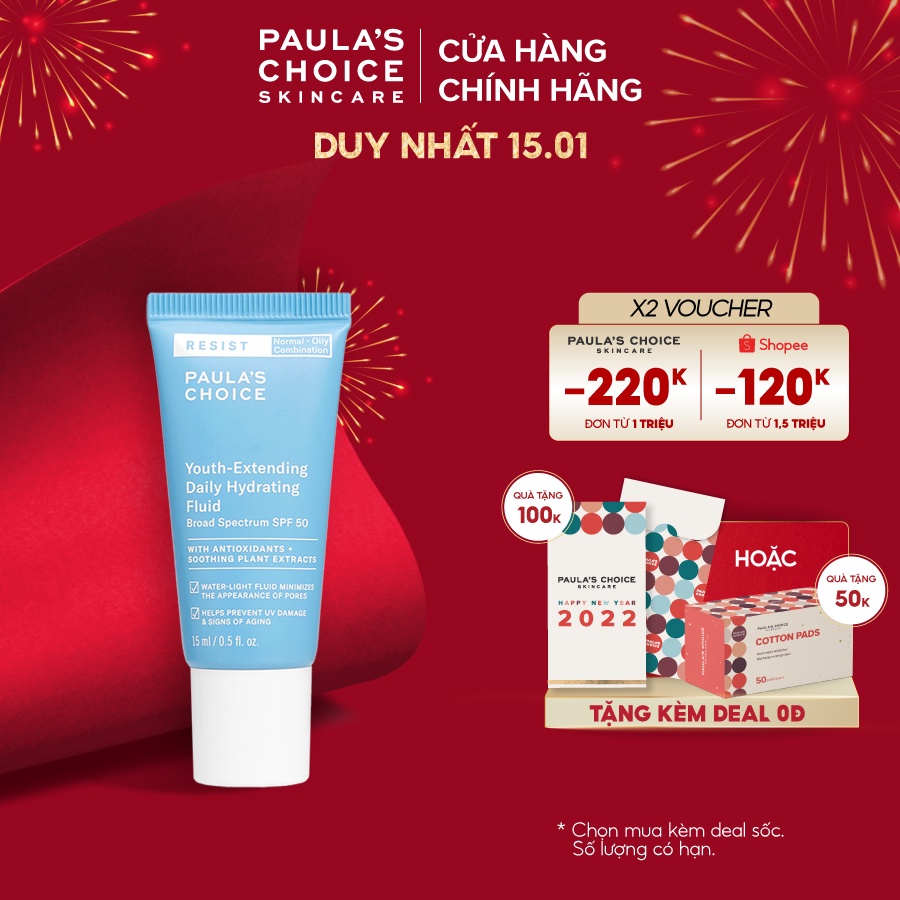 Kem ngày mềm mịn, chống nắng phổ rộng Paula's Choice Resist Youth-Extending Daily Mattifying Fluid SPF 50 15ml Mã 7807