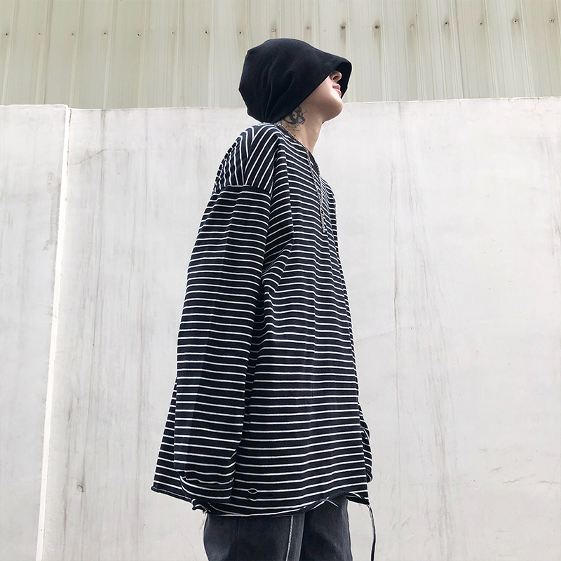 Áo thun dài tay họa tiết kẻ sọc ngang thiết kế dáng rộng thời trang cho nam