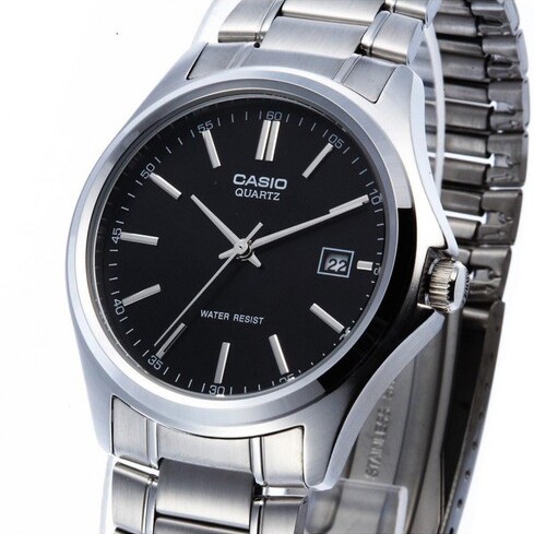 Đồng hồ Casio nữ dây sắt thể thao, mặt đen viền trắng sang trọng, quý phái, chống nước WR30M đi bơi (LTP-1183A-1ADF)