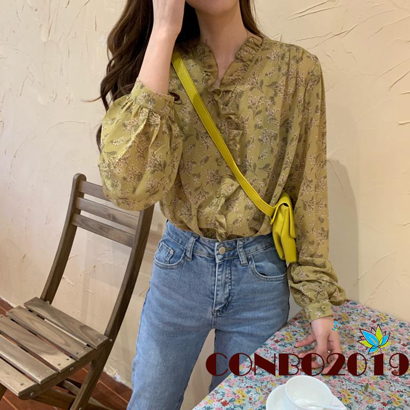 Áo Voan Hoa Tay Phồng Cổ Tim Phong Cách Thanh Lịch Dành Cho Nữ