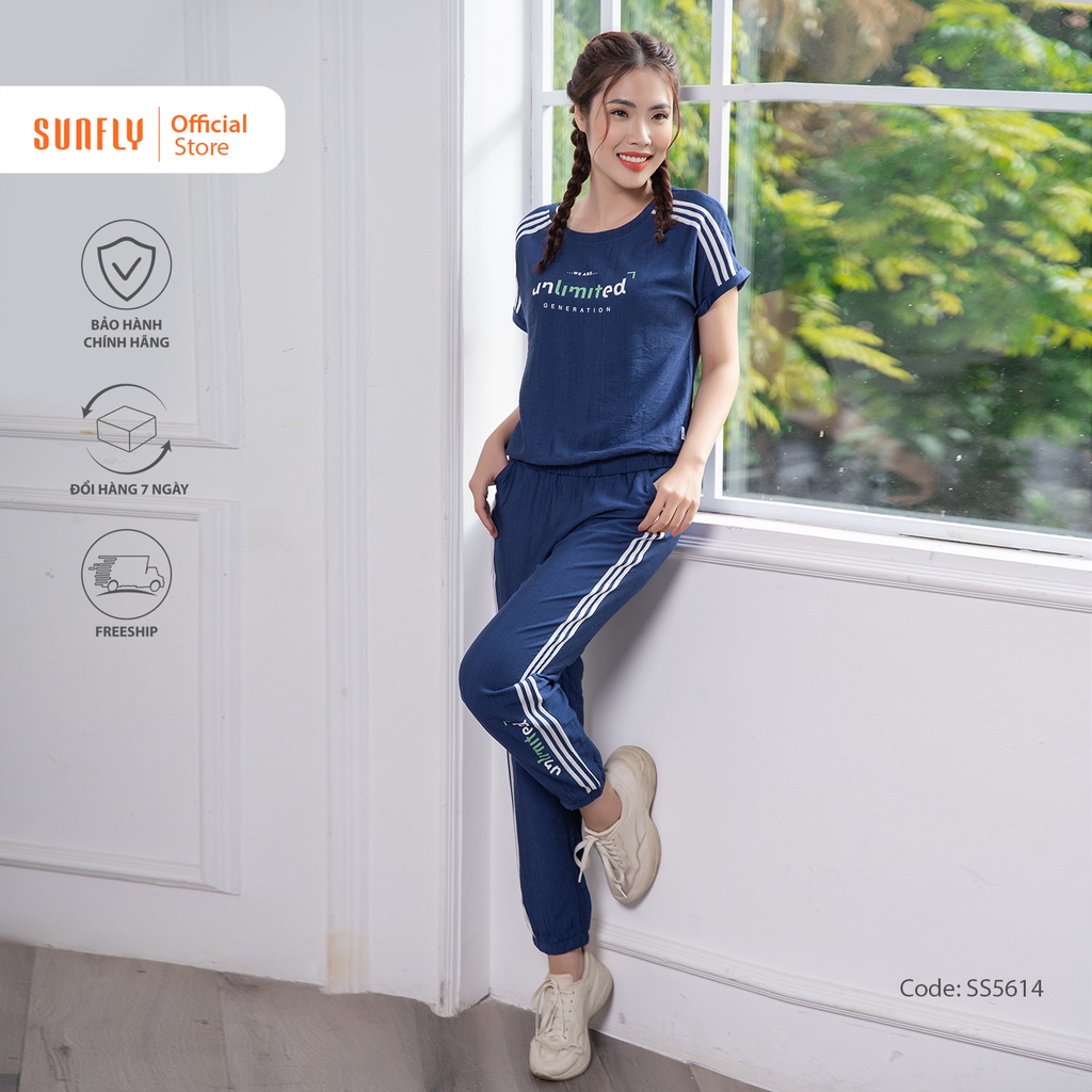 Bộ đồ mặc nhà nữ thể thao xuân hè linen SUNFLY áo tay cộc, quần dài SS5614