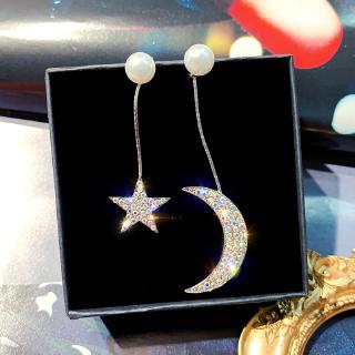 Bạc 925 Kim Bất Đối Xứng Bông Tai Sao Trăng Đơn Giản Tính Khí Bông Tai Dài Ngọc Trai Dangling Bông Tai