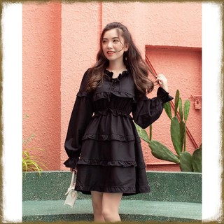 [Phong Cách] Đầm Babydoll Xy ❤ Váy 3 Tầng Bèo Xoè Tiểu Thư Tay Dài Buộc Nơ Đen Trắng