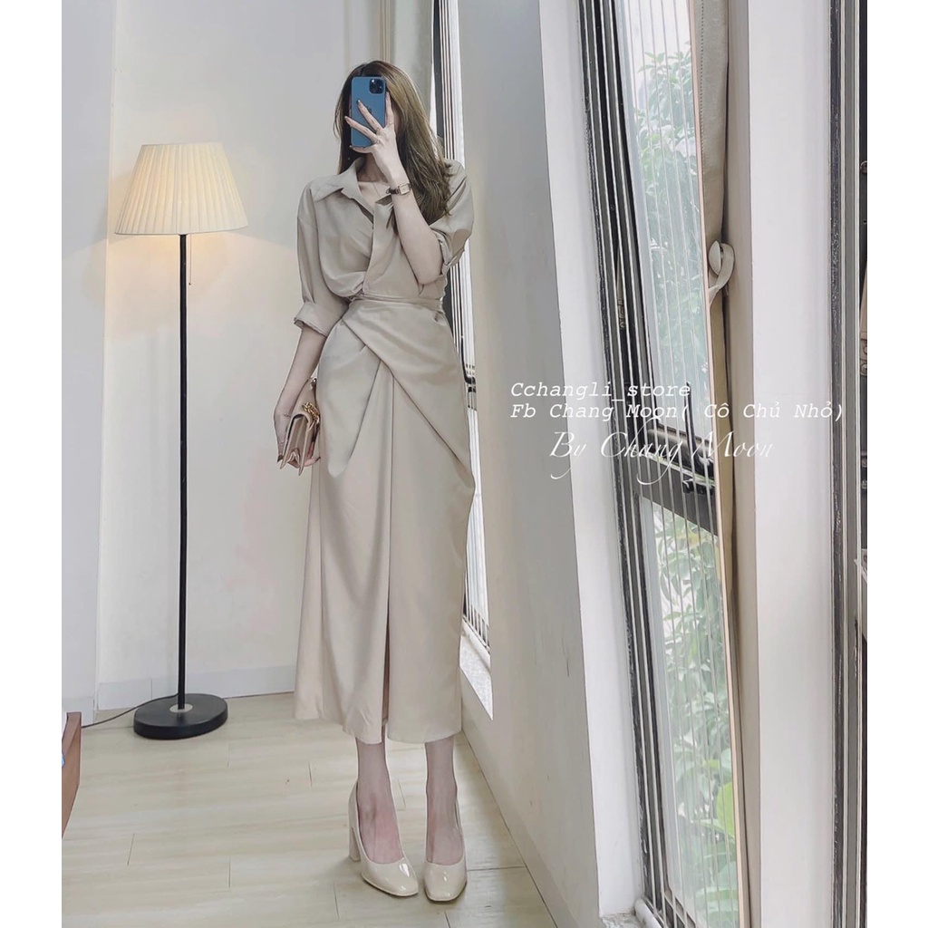 Váy Đầm kiểu cổ sơ mi dáng dài cột eo màu Kem nhẹ nhàng đi làm , dự tiệc xinh iu -Thời Trang VADA (VD122) | BigBuy360 - bigbuy360.vn