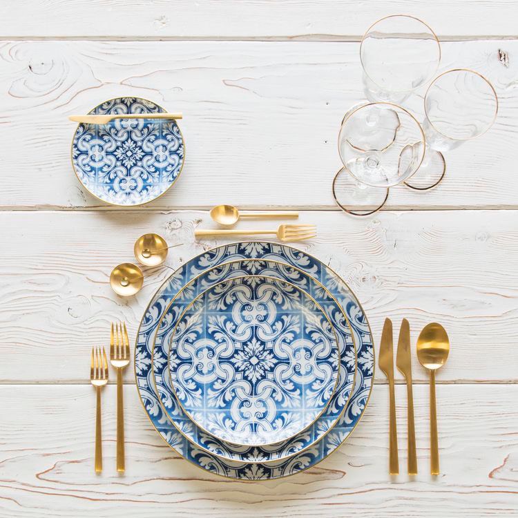 Đĩa phong cách Bắc Âu sang trọng, viền vàng, bát đĩa ăn tiệc cao cấp, đĩa salad, đĩa chính, đĩa họa tiết xanh tinh tế