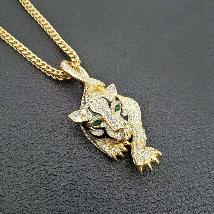 Gold Diamond Tiger Animal Pendant Necklace Men's Jewelry