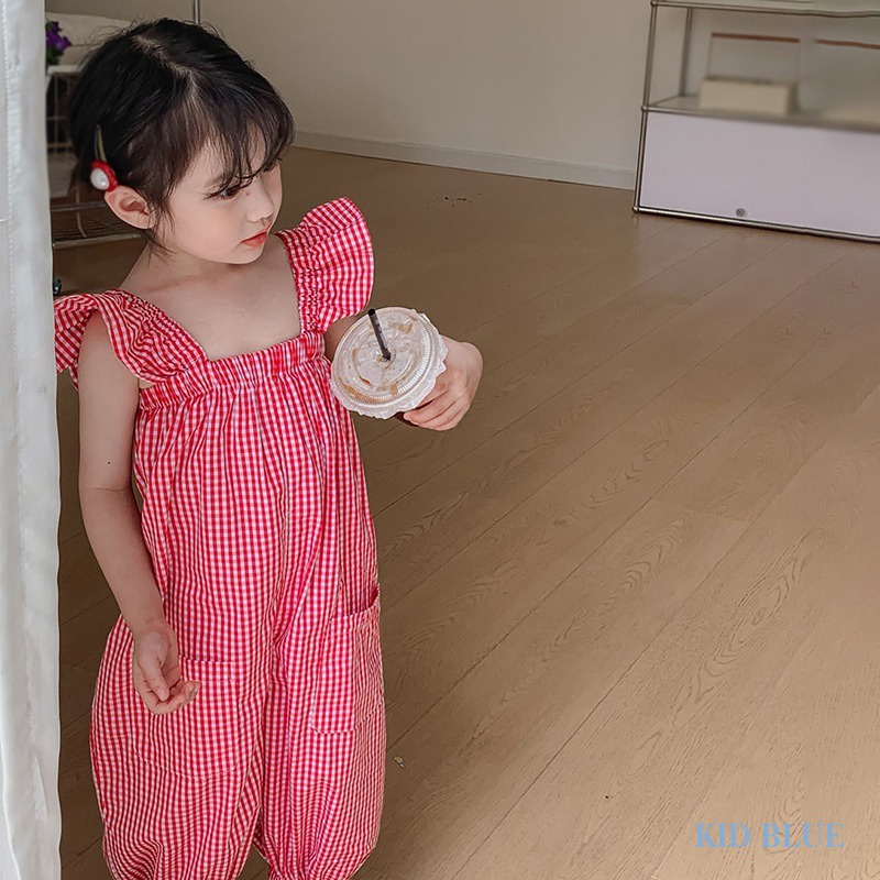 Bộ Áo Liền Quần Tay Cánh Tiên In Họa Tiết Ca Rô Phong Cách Hàn Quốc Dành Cho Bé Gái