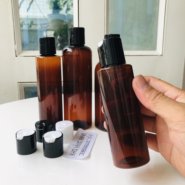 Chai nhựa nắp nhấn bật màu nâu đủ kích cỡ - chai nhựa pet nâu 100ml / 150ml/ 250ml/ 300ml nắp nhấn-vỏ chai đựng mỹ phẩm