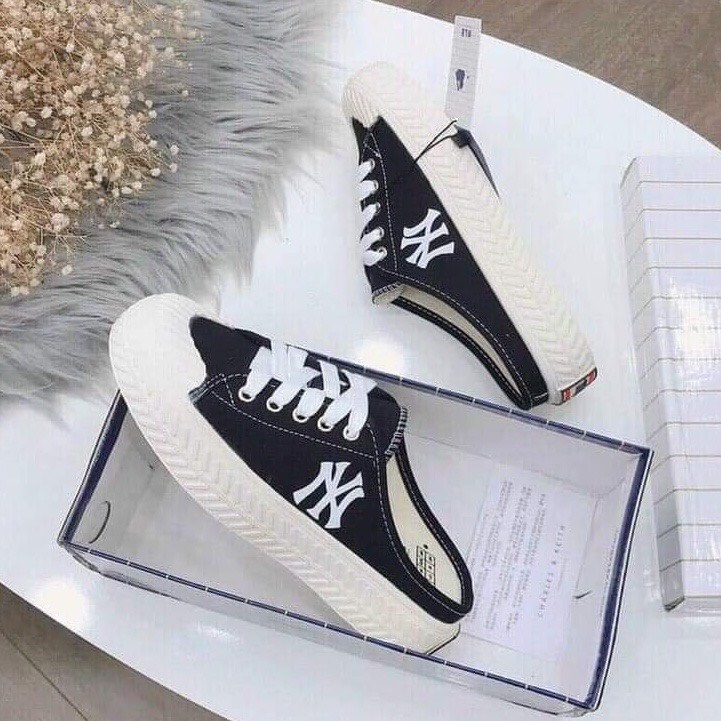 Giày sục thể thao nữ sneaker sục nữ đạp gót màu đen chữ N.Y vải canvas đế độn cao 3cm LAPA - LP086