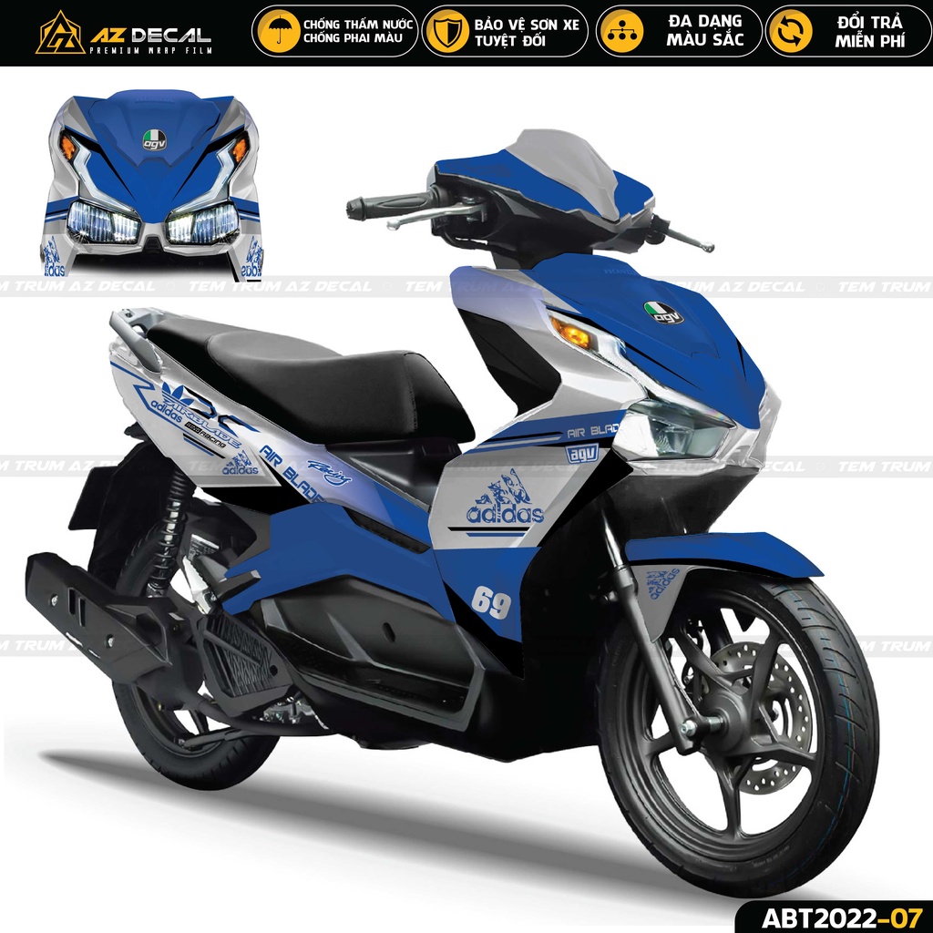Tem Trùm Dán Xe Airblade Mẫu ADIDAS | ABT2022-07 | Decal Xe AB 2020 - 2022 Đen Đỏ, Xanh Trắng, Đen Trắng