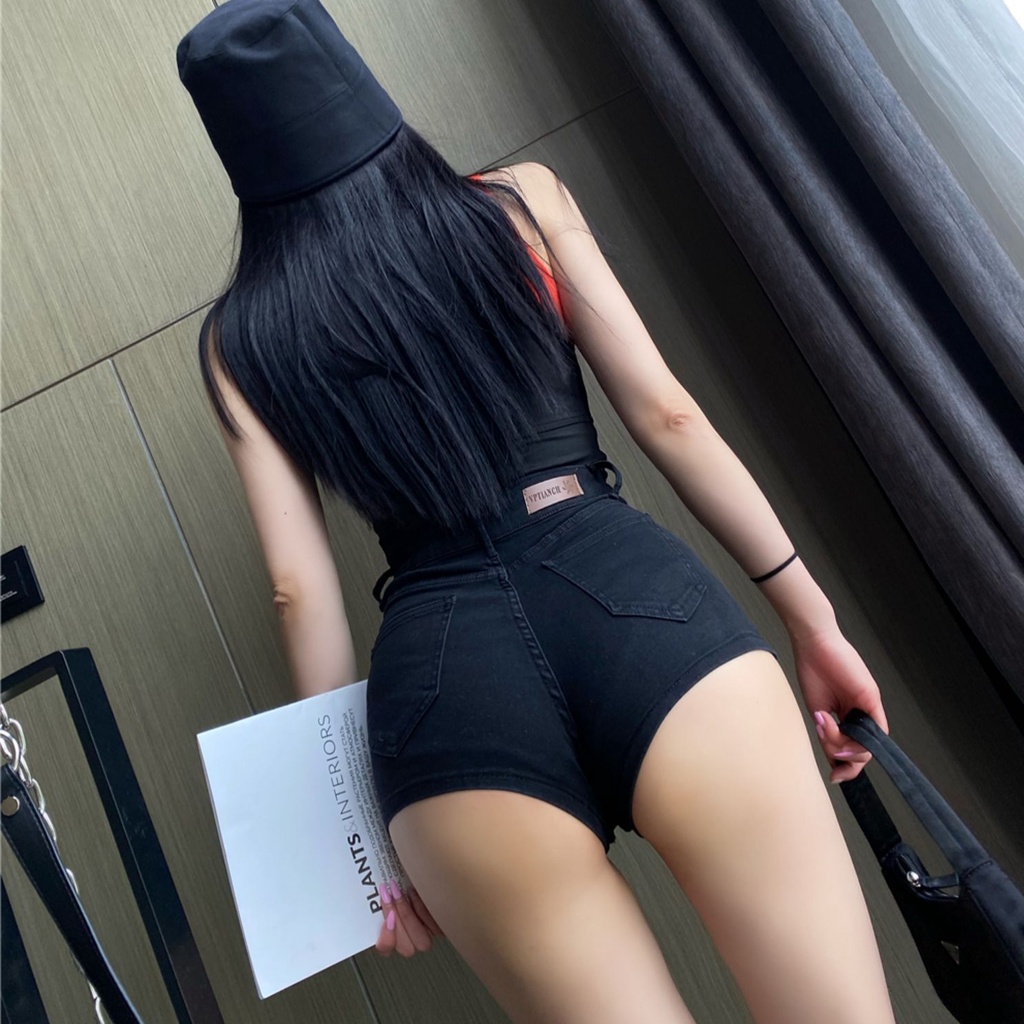 Quần Short Jeans 38% Lưng Cao Dáng Ôm Màu Đen Phong Cách Phương Tây Thời Trang Xuân Hè  Cho Nữ