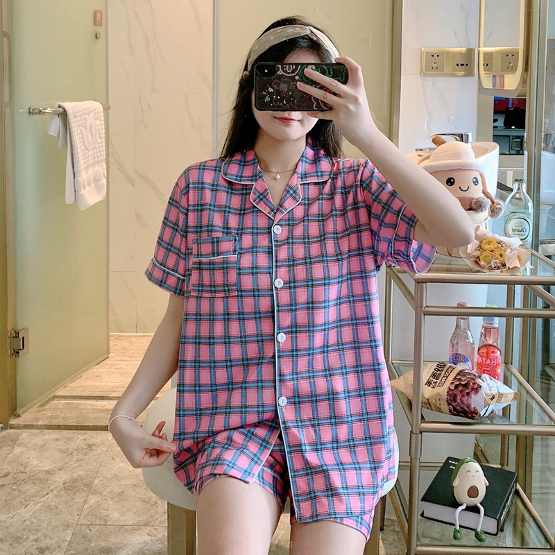 Bộ Đồ Ngủ Ngắn Tay Họa Tiết Caro Phong Cách Hàn Quốc Cho Nữ