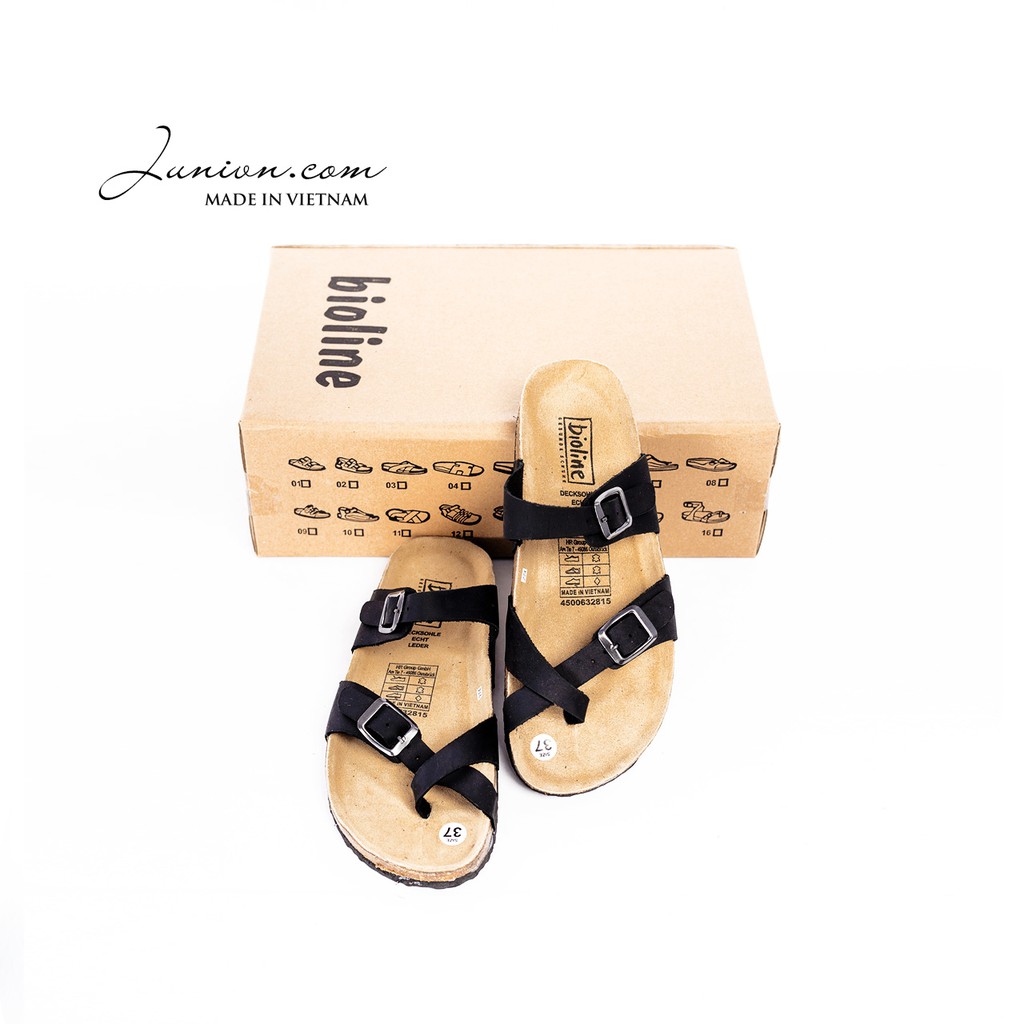 [DA BÒ THẬT] D06-Dép da bò xỏ ngón, quai chéo Birken Bioline Unisex (Đế trấu) – Juni Store