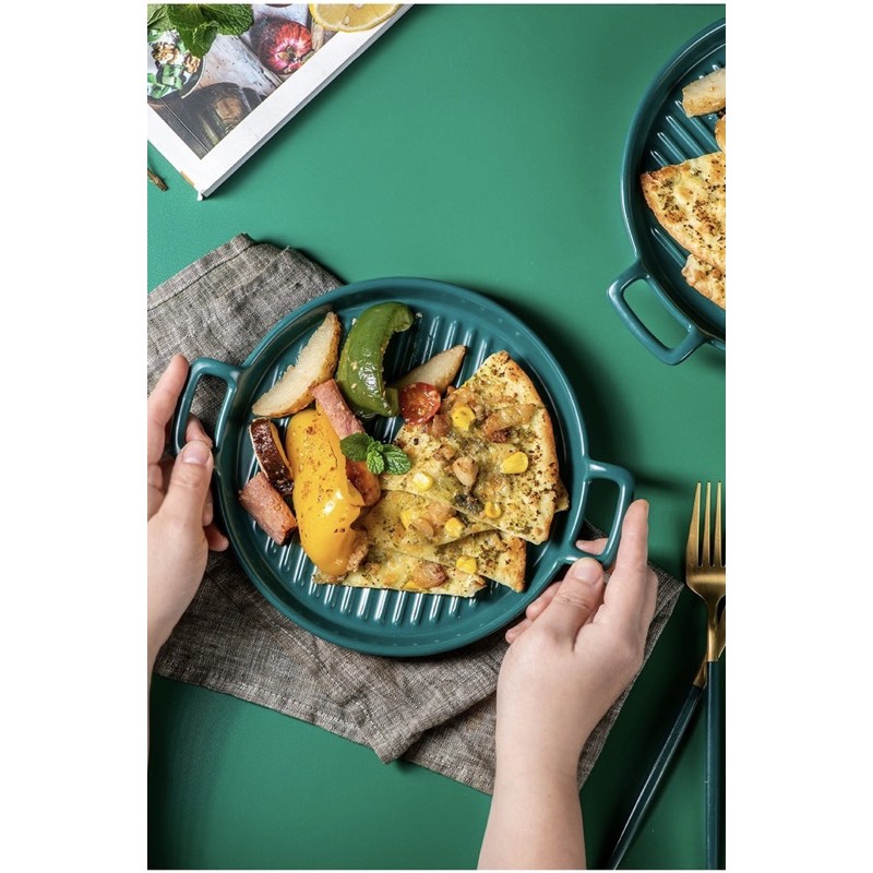 Khay nướng tròn 2 quai, đĩa sứ decor bàn ăn kiểu Bắc Âu