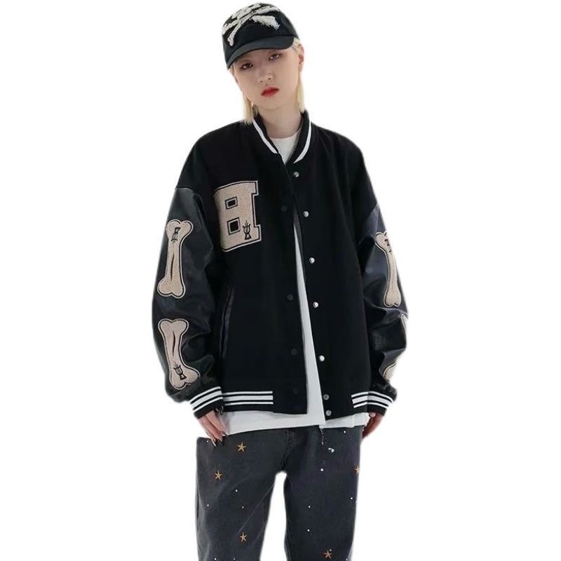 Áo khoác bomber varsity jacket nam nữ thêu chữ B tay da hình cục xương mới