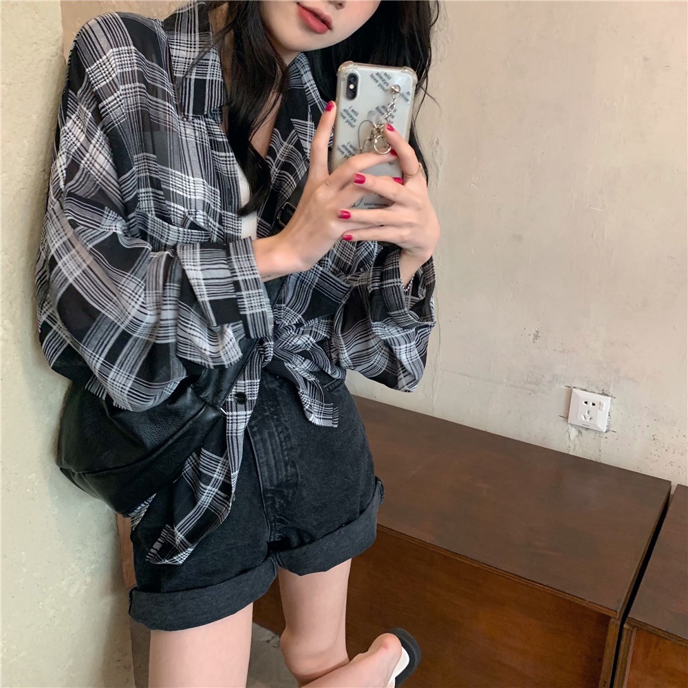 Áo sơ mi chiffon SUXI tay dài họa tiết sọc caro thời trang mùa hè cho nữ