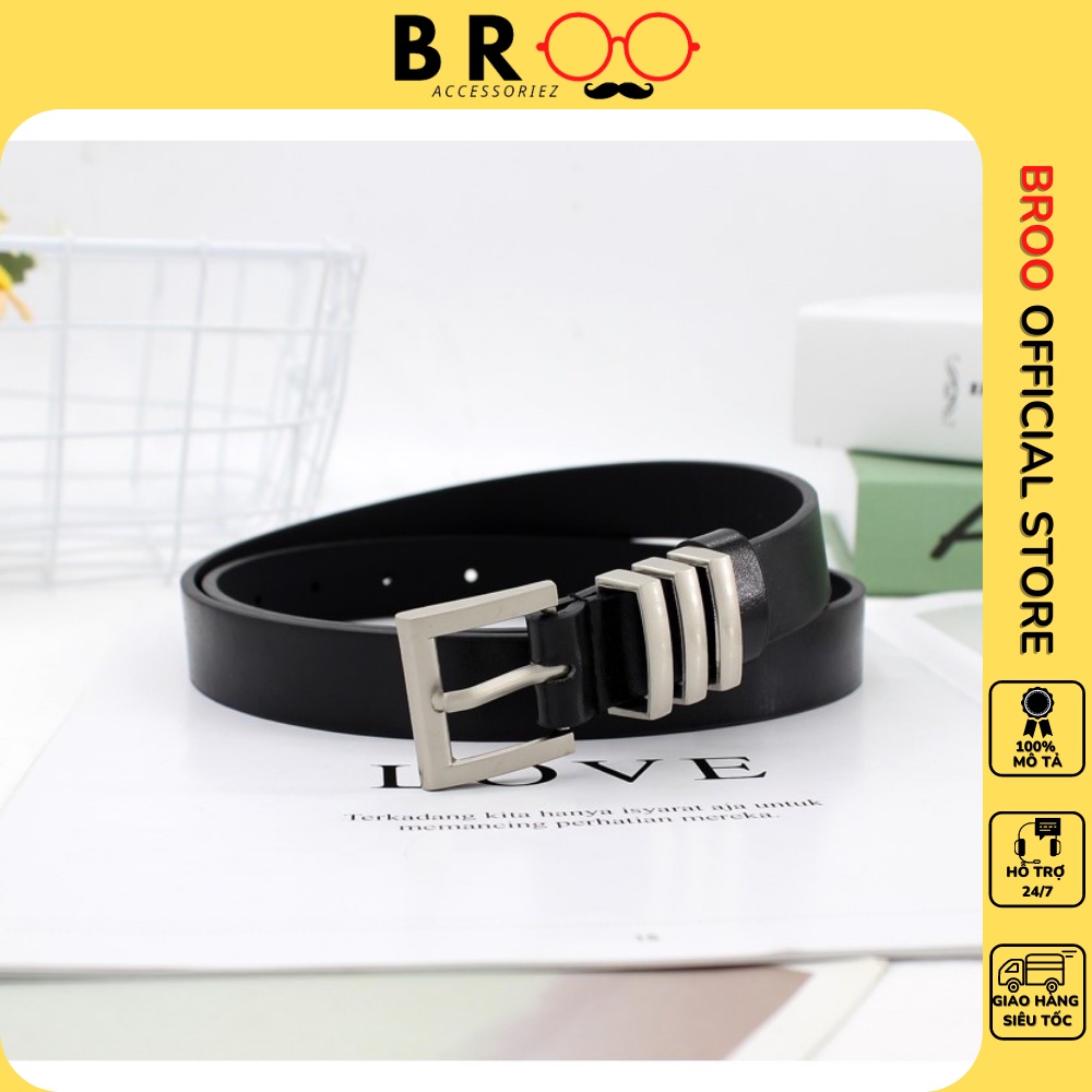 Thắt lưng da nam nữ BROO 3 sọc SLR cao cấp, dây nịt unisex Hàn Quốc màu đen bản nhỏ 2.3cm
