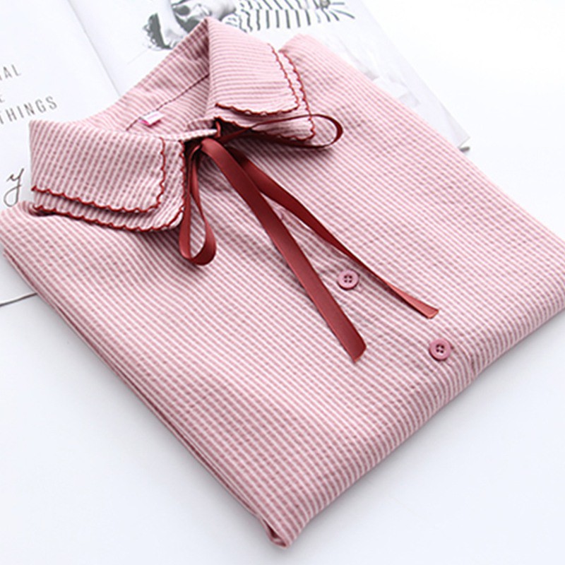 Korean Style Sweet Lace-up Bow Women's Blouse Fashion Casual Stripe Print Double-layer Blouses | BigBuy360 - bigbuy360.vn