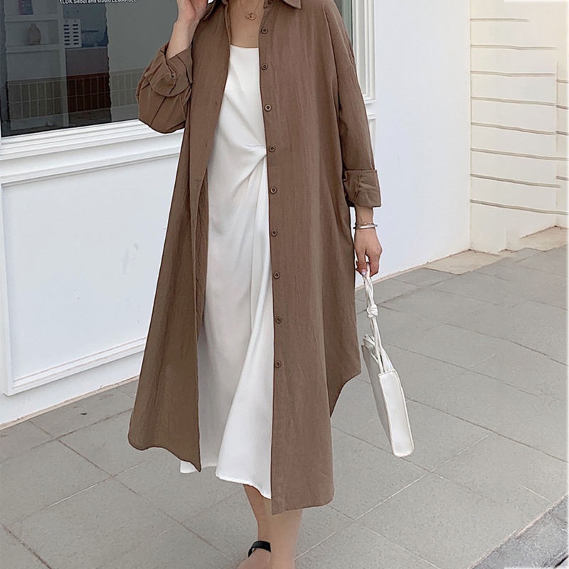 Brroa Đầm Sơ Mi Midi Tay Dài Cuộn Lên Trên Cổ Bẻ Cài Nút Xuống Xẻ Tà Bên Hông Đơn Giản Cho Nữ