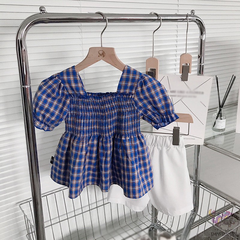 Set Đồ 2 Món Gồm Áo Tay Ngắn Kẻ Sọc Caro + Quần Ngắn Thời Trang Mùa Hè Hàn Quốc Cho Bé Gái