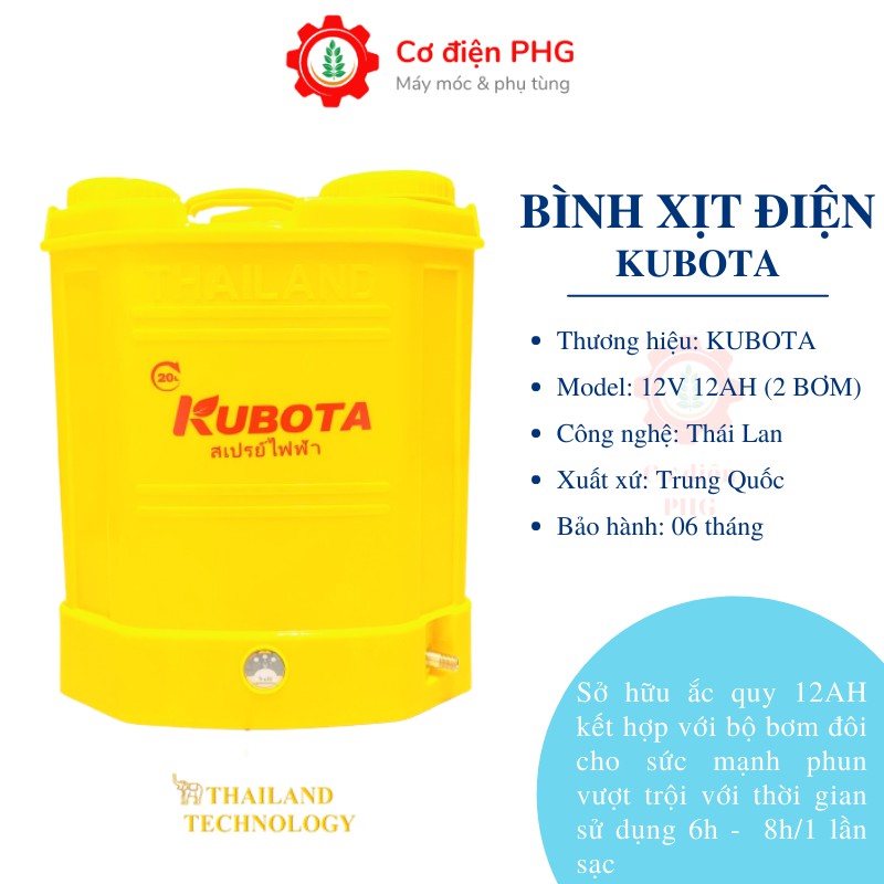 Bình phun khử khẩn, diệt khuẩn KUBOTA 20L 12V 12AH | 2 bơm | Công nghệ Thái Lan | Bình xịt điện