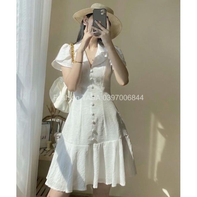X2 váy ngắn xòe đuôi cả cổ chéo bẻ tiểu thư Đầm trắng dự tiệc nút bọc tay sen thanh lịch