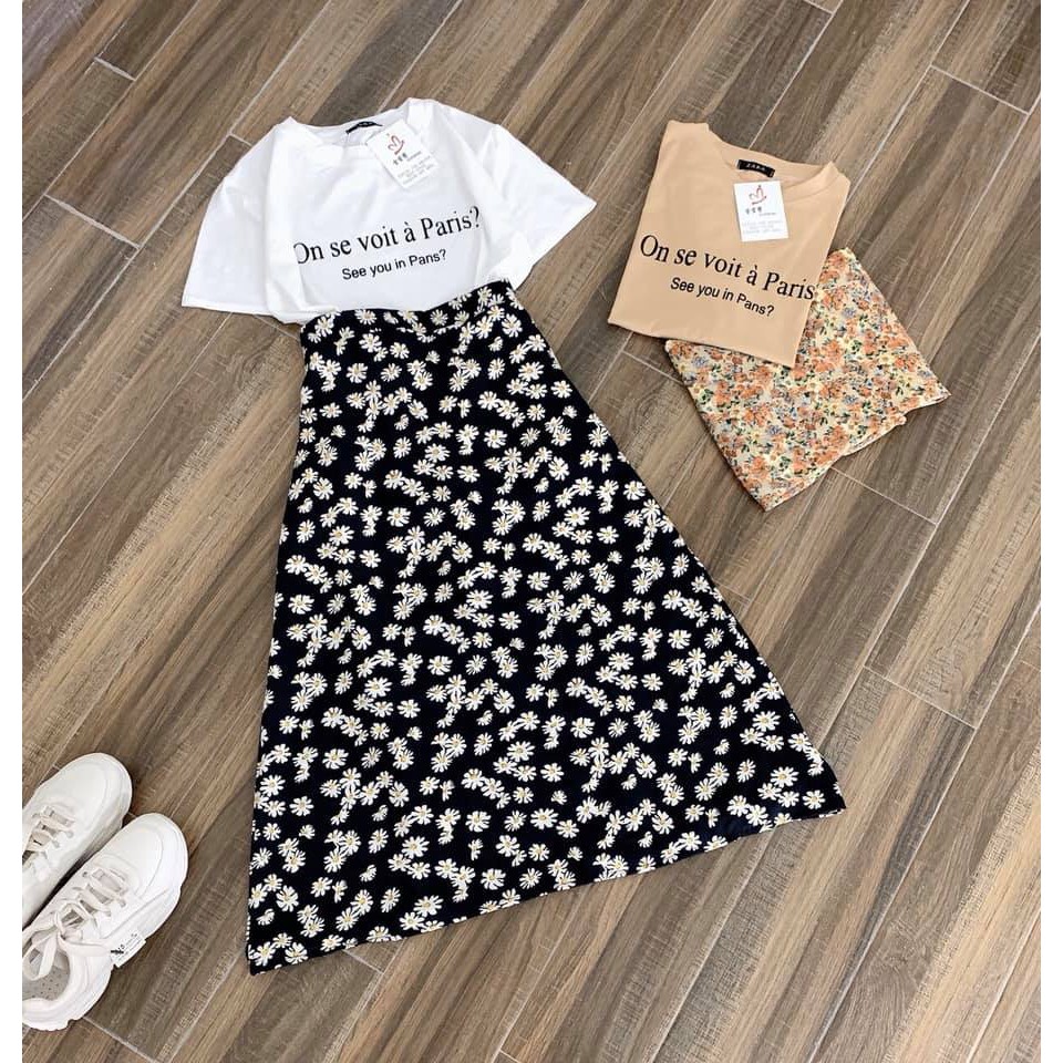 Set đồ nữ áo phông chữ mix chân váy hoa dài 2 lớp. Áo cotton tàu mịn 4c , chân váy đũi lụa mềm. | BigBuy360 - bigbuy360.vn