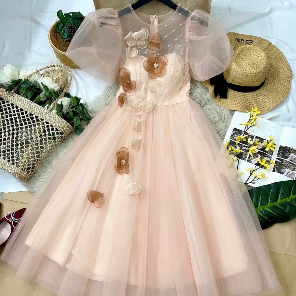 Đầm tiệc nữ tay phồng đính hoa 3d lưới 3 lớp cao cấp bigsize bánh bèo công chúa dành cho người béo 55-90kg