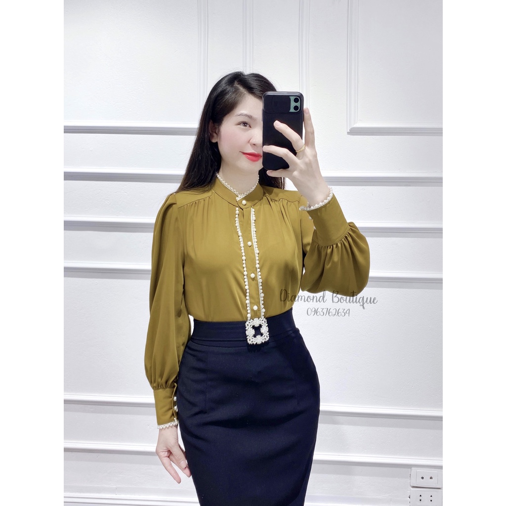 Áo Sơ Mi Nữ Dài Tay VÀNG LÚA ĐÍNH TRAI
